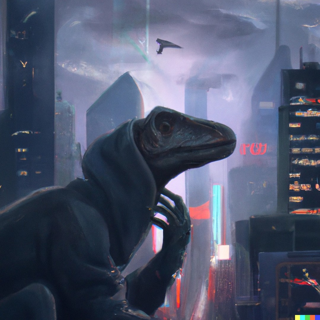 Ai Art DALL-E 2 used Realistic velociraptor philosophizing in the cybe…