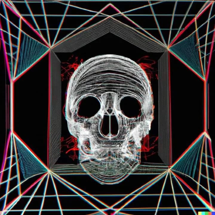 AI Art: Dall-e 2 "3d photorealim render of psychedelic cybertronic sku…
